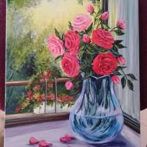Картина маслом "Розы в прозрачной вазе.", в Ростове-на-Дону