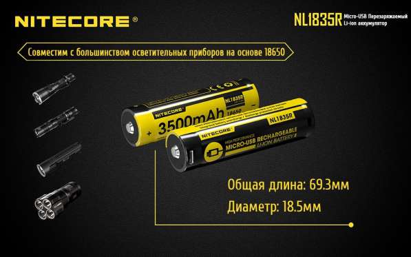 NiteCore Литий-ионный (Li-Ion) аккумулятор NiteCore NL1835R 3500 мач, со встроенной зарядкой Micro-USB в Москве