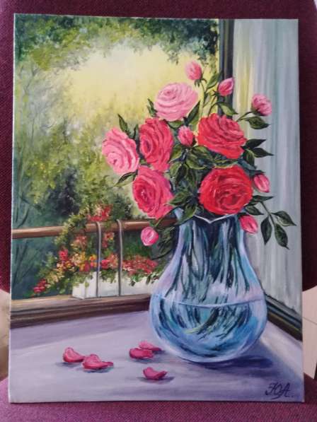 Картина маслом "Розы в прозрачной вазе."