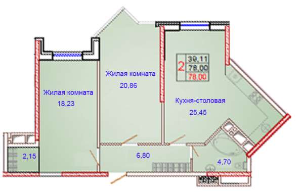 2-комнатная квартира 78 кв. м.